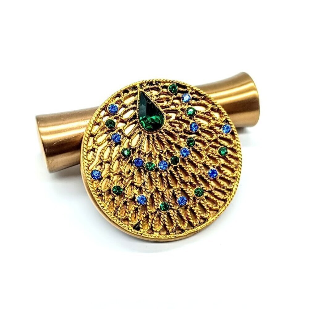 Vintage Peacock Jeweled Gold-Finish Mirror Lipstick Case